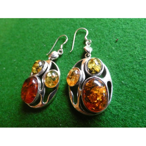 514 - Pair of Solid Silver Mounted Amber Set Ladies Earrings Oval Form Each Approximately 4cm High