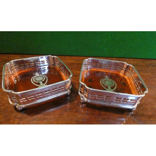 515 - Pair of Silver Plated Square Form Inverted Corner Canted Wine Bottle Table Top Coasters Resting on B... 
