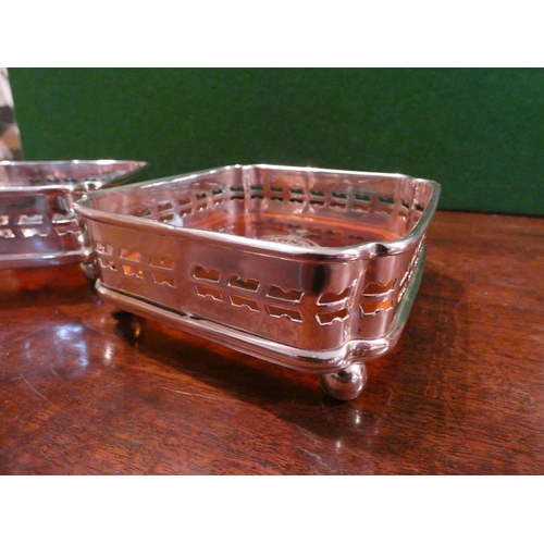 515 - Pair of Silver Plated Square Form Inverted Corner Canted Wine Bottle Table Top Coasters Resting on B... 