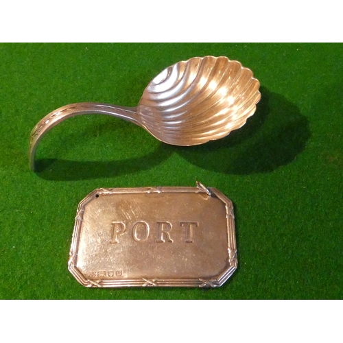 520 - Solid Silver Babies Spoon and Solid Silver Port Decanter Label with Silver Chain