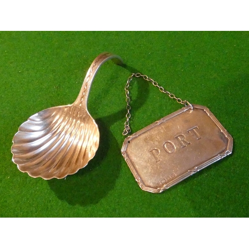 520 - Solid Silver Babies Spoon and Solid Silver Port Decanter Label with Silver Chain