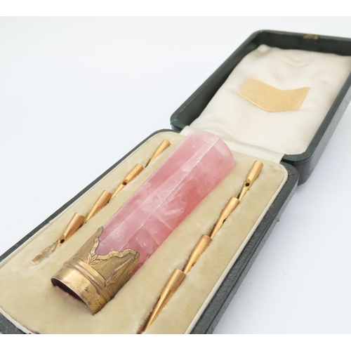 523 - Antique Ormolu Mounted Pink Quartz Parasol Handle with Parasol Tips Complete within Original Present... 