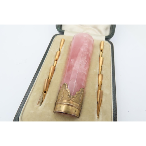 523 - Antique Ormolu Mounted Pink Quartz Parasol Handle with Parasol Tips Complete within Original Present... 