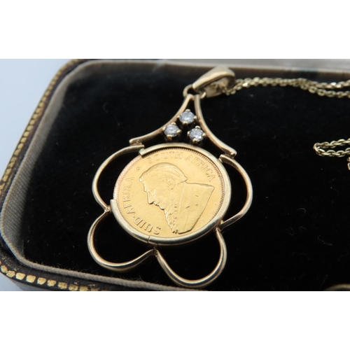 525 - 9 Carat Gold and Three Diamond Set Coin Mounted Ladies Pendant Necklace with One Tenth Krugerrand Da... 