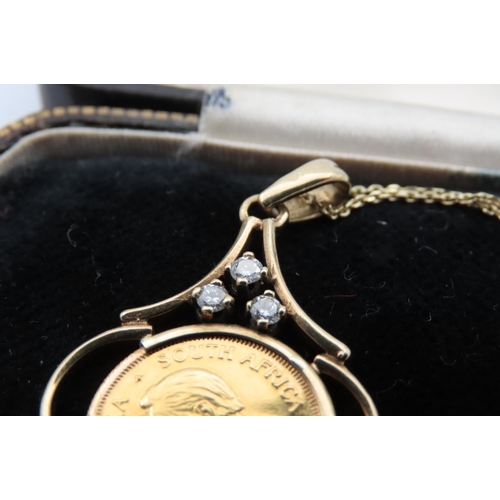 525 - 9 Carat Gold and Three Diamond Set Coin Mounted Ladies Pendant Necklace with One Tenth Krugerrand Da... 