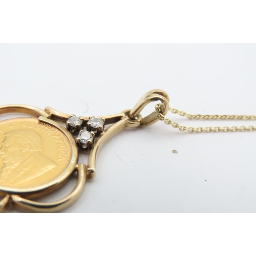 525 - 9 Carat Gold and Three Diamond Set Coin Mounted Ladies Pendant Necklace with One Tenth Krugerrand Da... 