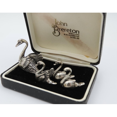 530 - Set of Four Solid Silver Figures Mother Swan with Three Goslings Tallest Approximately 1 Inch High