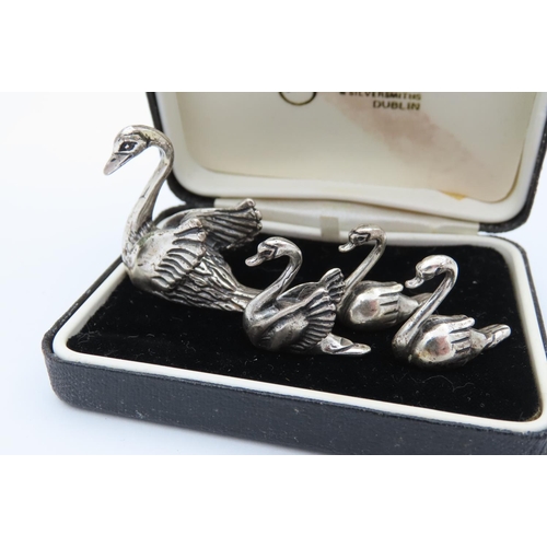 530 - Set of Four Solid Silver Figures Mother Swan with Three Goslings Tallest Approximately 1 Inch High