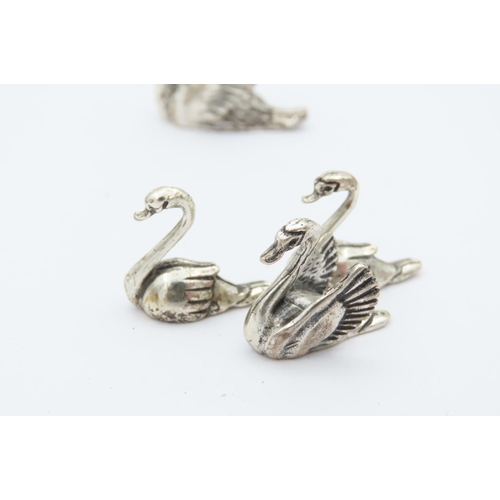 530 - Set of Four Solid Silver Figures Mother Swan with Three Goslings Tallest Approximately 1 Inch High