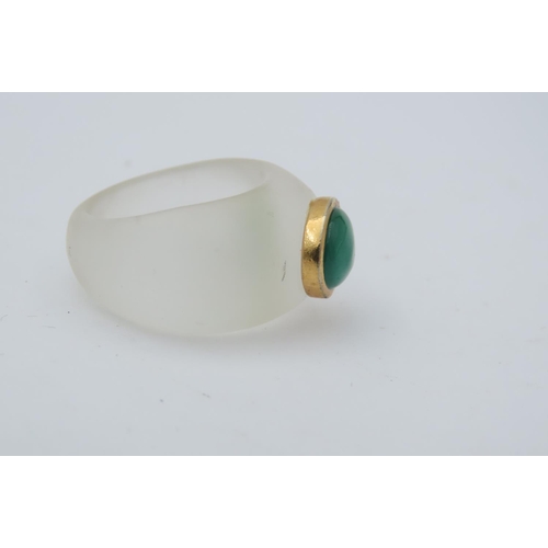 531 - Unusual Jade Centre Stone Ladies Ring Mounted on Crystal with 14 Carat Gold Collet Setting Ring Size... 