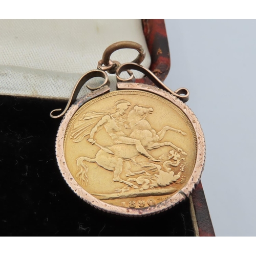 539 - Full Gold Sovereign Coin Dated 1890 Contained within 9 Carat Gold Pendant Fitting