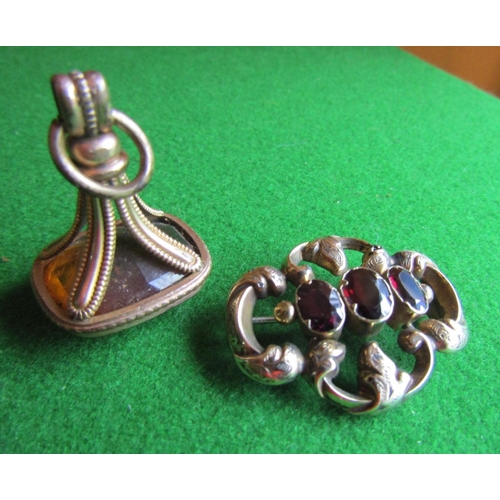 667 - Seal Fob with Three Stone Spinel Set Brooch Antique