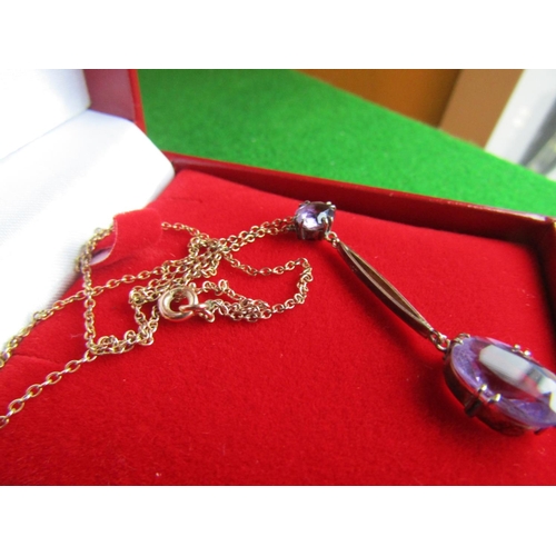 684 - 9 Carat Gold Mounted Twin Amethyst Drop Pendant Necklace Mounted on 9 Carat Yellow Gold Chain