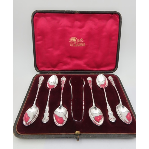 687 - Set of Six Solid Silver Teaspoons with Matching Sugar Tongs Contained within Original Burgundy Velve... 