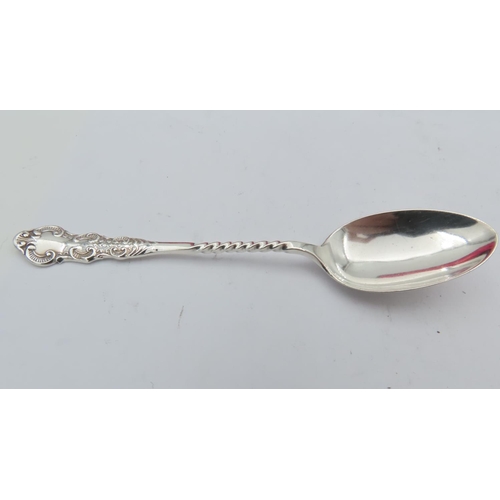 687 - Set of Six Solid Silver Teaspoons with Matching Sugar Tongs Contained within Original Burgundy Velve... 