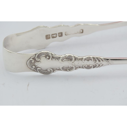 687 - Set of Six Solid Silver Teaspoons with Matching Sugar Tongs Contained within Original Burgundy Velve... 