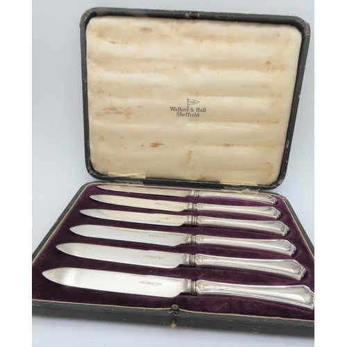 689 - Set of Six Antique Solid Silver Handled Butter Knives Hallmarks for Walker & Hall Contained within O... 