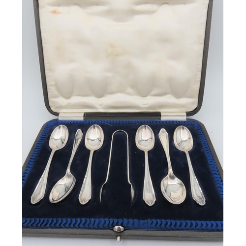 690 - Set of Six Solid Silver Sugar Spoons with Matching Sugar Tongs Contained within Original Presentatio... 