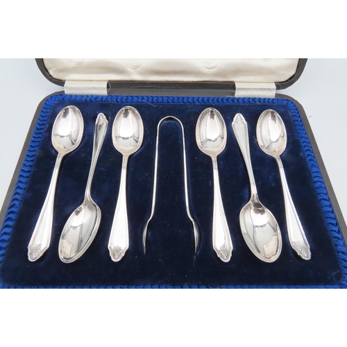 690 - Set of Six Solid Silver Sugar Spoons with Matching Sugar Tongs Contained within Original Presentatio... 