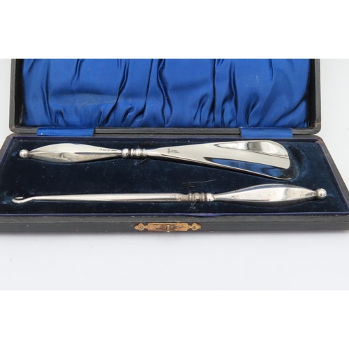 692 - Antique Solid Silver Button Hook and Shoe Horn Contained within Original Presentation Case Approxima... 