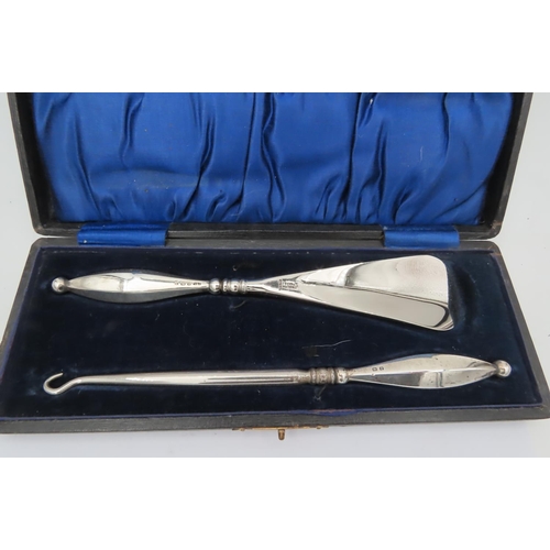 692 - Antique Solid Silver Button Hook and Shoe Horn Contained within Original Presentation Case Approxima... 