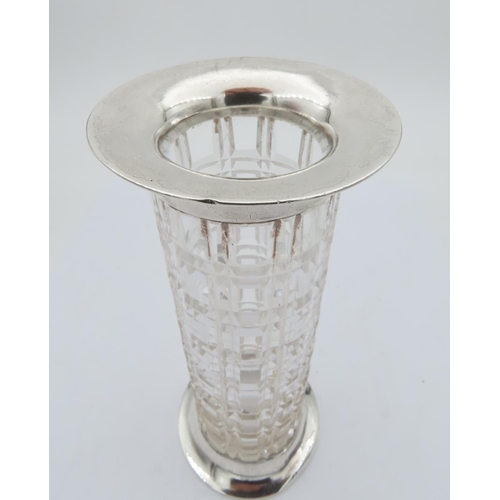 696 - Solid Silver Mounted Cut Crystal Spill Vase of Column Form Approximately 6 Inches High