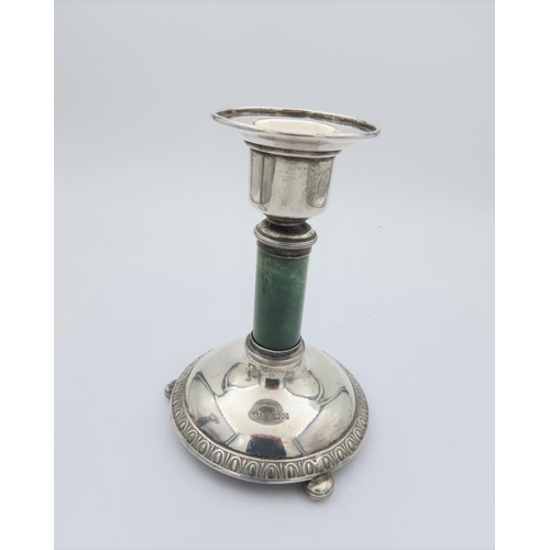 73 - Pair of Edwardian Solid Silver and Green Quartz Mounted Candle Sticks Each Raised on Three Bun Feet ... 