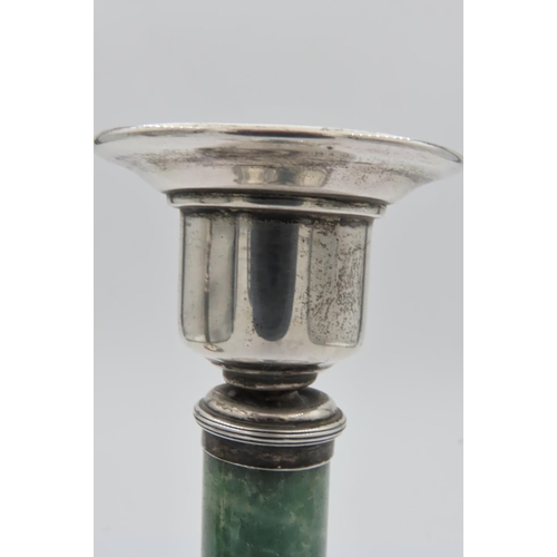 73 - Pair of Edwardian Solid Silver and Green Quartz Mounted Candle Sticks Each Raised on Three Bun Feet ... 