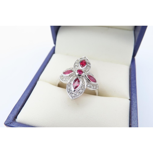 85 - Ruby and Diamond Cruce Form Ladies Ring with Navette Cut Rubies Mounted on 18 Carat White Gold Ring ... 