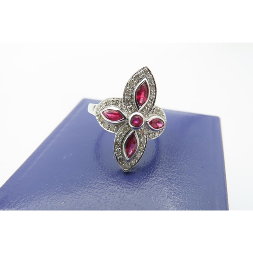 85 - Ruby and Diamond Cruce Form Ladies Ring with Navette Cut Rubies Mounted on 18 Carat White Gold Ring ... 