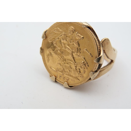 98 - Full Sovereign Gold Coin Inset Ring Mounted on 9 Carat Bold Band of Heavy Weight Coin Dated 1907