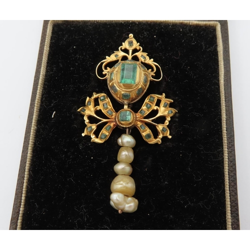 99 - Victorian Emerald Set Baroque Pearl Mounted 18 Carat Gold Ladies Brooch of Attractive Form contained... 