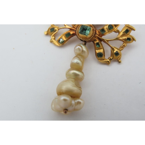 99 - Victorian Emerald Set Baroque Pearl Mounted 18 Carat Gold Ladies Brooch of Attractive Form contained... 