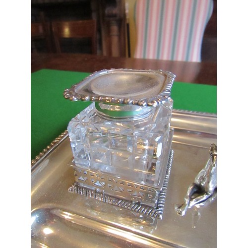 53 - Antique Solid Silver Desk Top Double Inkwell with Central Seated Hound Motif Approximately 9 Inches ... 