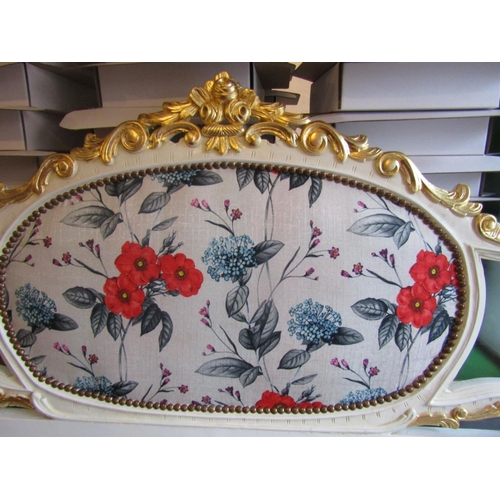 100 - Carved Wood and Gilded Bed Head with Oval Upholstered Inset Floral Motifs To Fit Mattress 5ft Wide