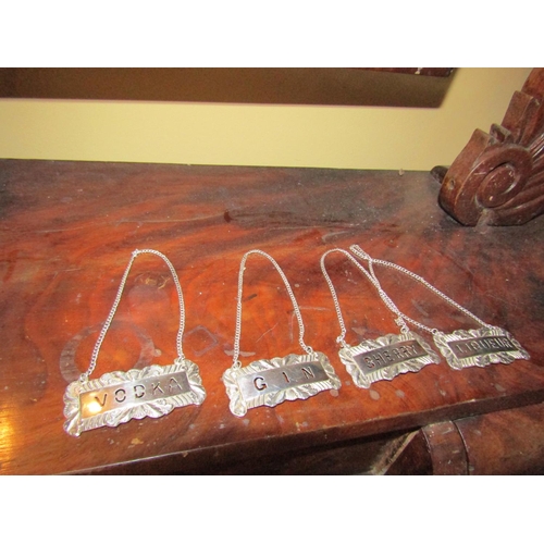 1000 - Set of Four Solid Silver Decanter Bottle Labels with Silver Chains