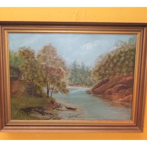 1001 - Antique School River Scene with Woodlands Beyond Oil on Canvas Approximately 20 Inches High x 30 Inc... 