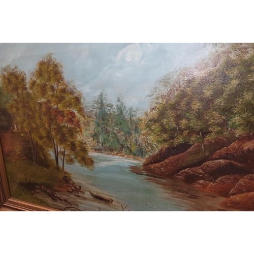 1001 - Antique School River Scene with Woodlands Beyond Oil on Canvas Approximately 20 Inches High x 30 Inc... 