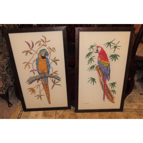 1004 - Pair of Framed Tapestry's Parrots Each Approximately 30 Inches High x 14 Inches Wide