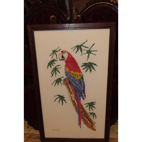 1004 - Pair of Framed Tapestry's Parrots Each Approximately 30 Inches High x 14 Inches Wide