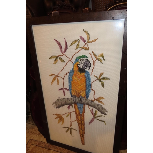 1004 - Pair of Framed Tapestry's Parrots Each Approximately 30 Inches High x 14 Inches Wide