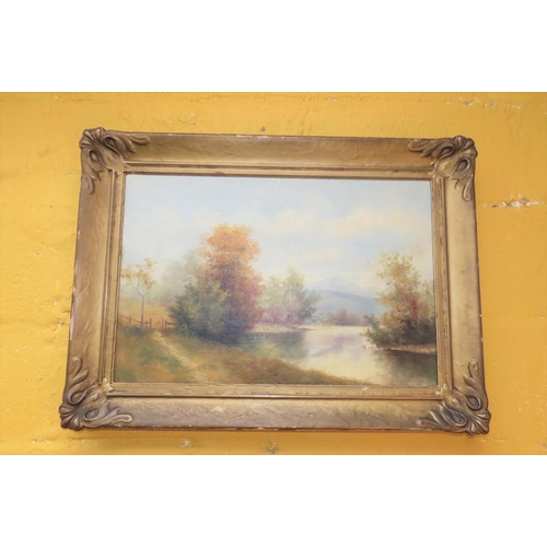 1006 - Antique School River Scene with Mountains Beyond Oil on Canvas Approximately 20 Inches High x 30 Inc... 