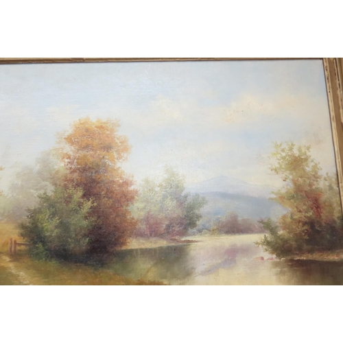 1006 - Antique School River Scene with Mountains Beyond Oil on Canvas Approximately 20 Inches High x 30 Inc... 