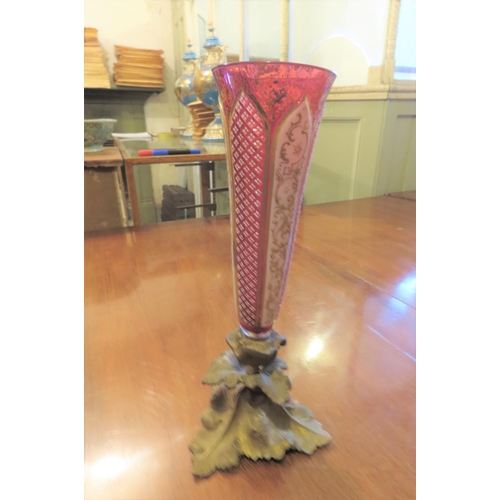 101 - Antique Cranberry Overlaid Bohemian Glass Vase with Ormolu Base Approximately 11 Inches High