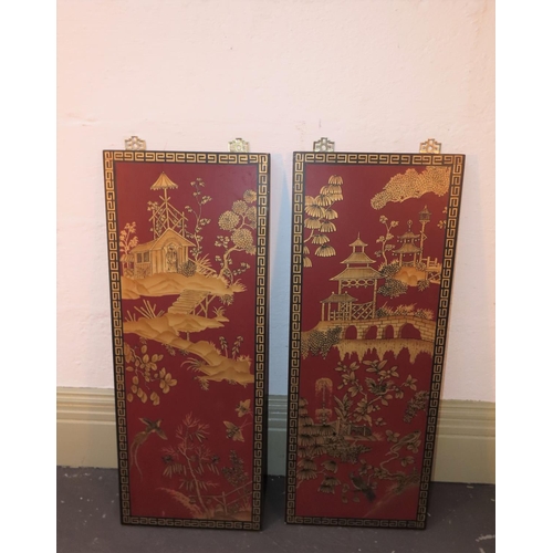 1013 - Pair of Red Ground Gilt and Lacquer Decorated Wall Panels Each Approximately 4ft High Attractively D... 