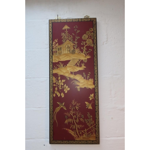 1013 - Pair of Red Ground Gilt and Lacquer Decorated Wall Panels Each Approximately 4ft High Attractively D... 