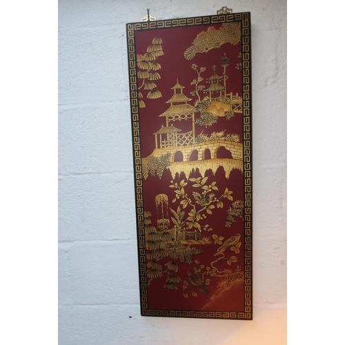 1013 - Pair of Red Ground Gilt and Lacquer Decorated Wall Panels Each Approximately 4ft High Attractively D... 