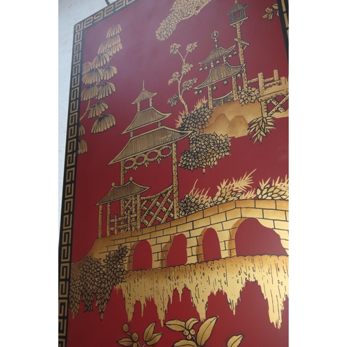 1013 - Pair of Red Ground Gilt and Lacquer Decorated Wall Panels Each Approximately 4ft High Attractively D... 