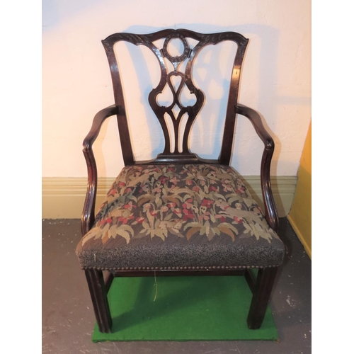 1016 - Georgian Mahogany Chippendale Armchair Finely Detailed with Tapestry Seat