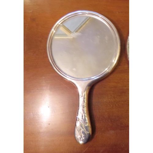 102 - Antique Solid Silver Hand Mirror Circular Form Embossed with Avian and Branch Motifs Approximately 1... 